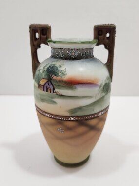 Antique Nippon Hand Painted Double Handled Scenic Landscape Cabinet Vase 5.5"